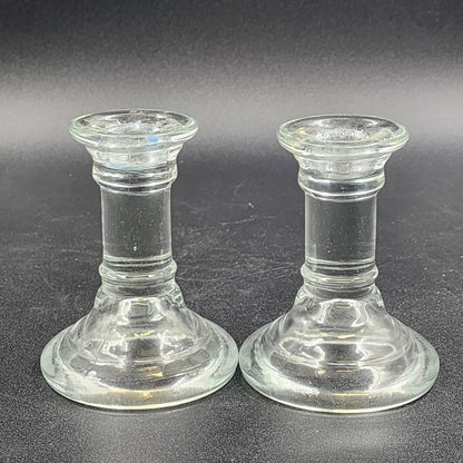 2 Heavy Clear Glass Candlestick Holders Pillar Round Height Choice Poland Vtg