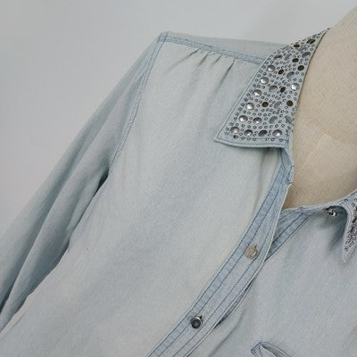 NY Collections Faded Blue Long Sleeve Button Front Shirt Blouse XL