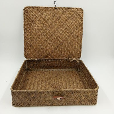 2 Seagrass Wicker Storage Baskets w/ Lids Flat Organizer Home Decor 13x11x3