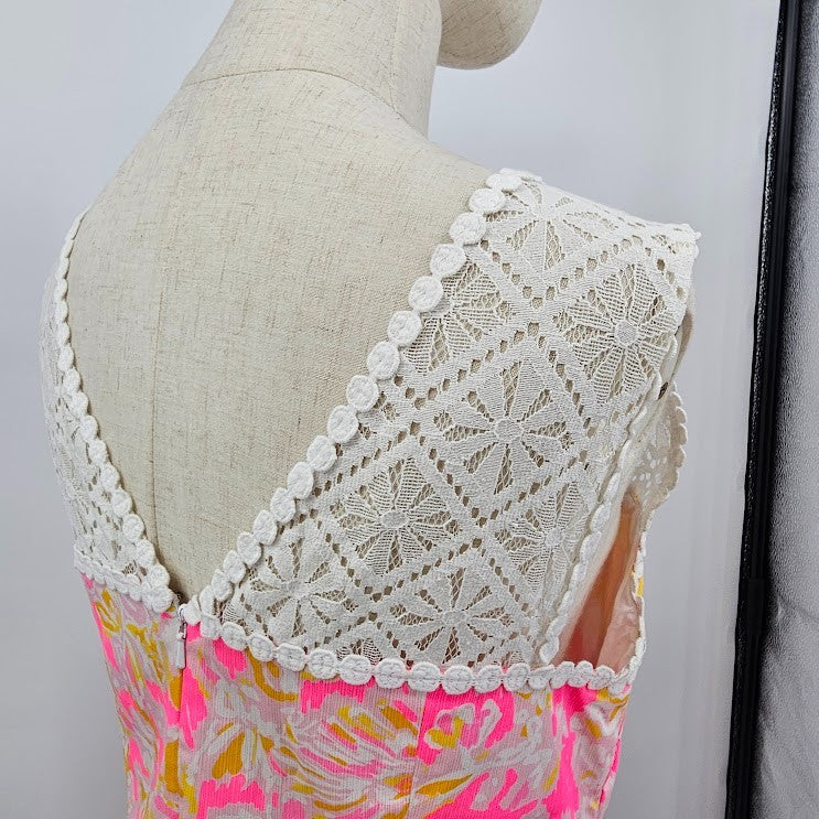 Lilly Pulitzer Sz 8 Pink White Lace Lined Back Zip Sleeveless Retro Dress
