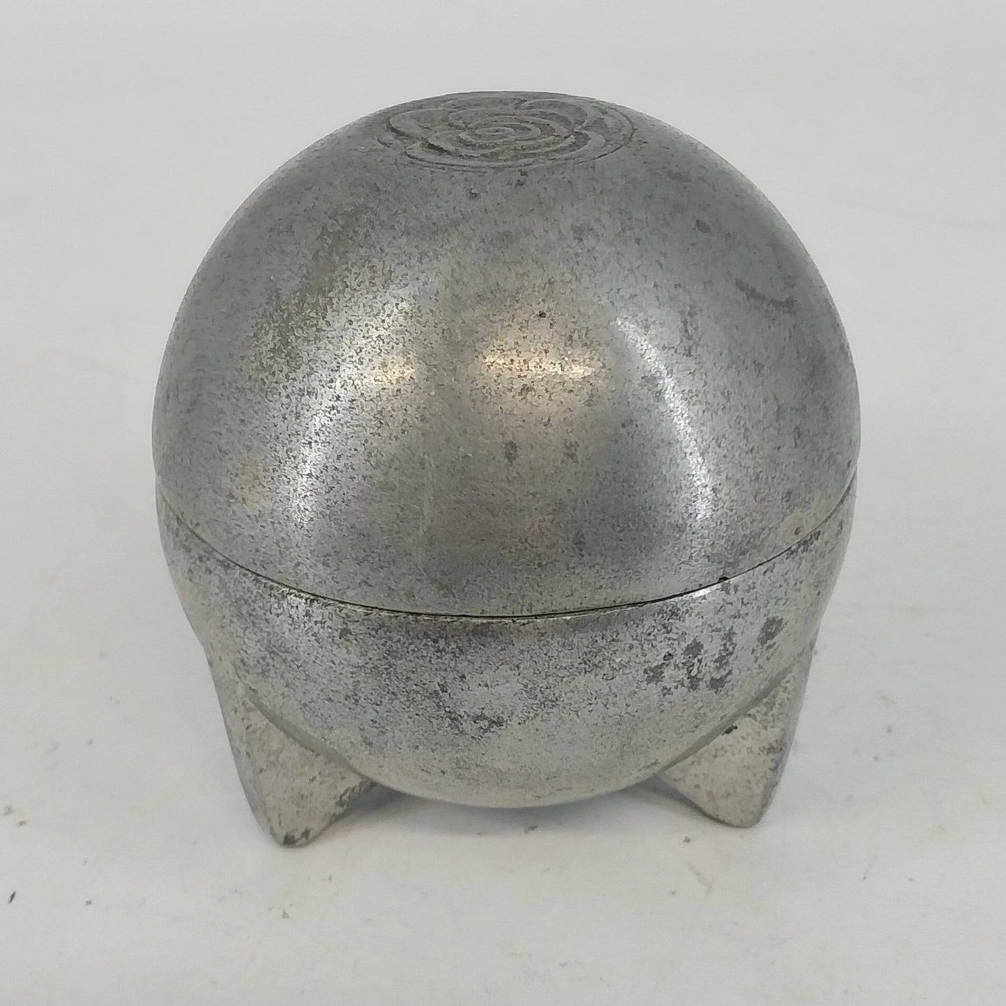 Pewter Trinket Box Storage Floral 3 Legged Footed Lift Lid Ball Finial 3.25" Vtg