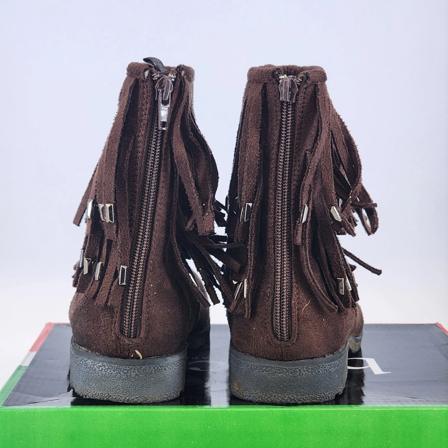 Bucco Capensis Fawn Ankle Boots Brown Faux Suede Studded Fringe Women 8.5