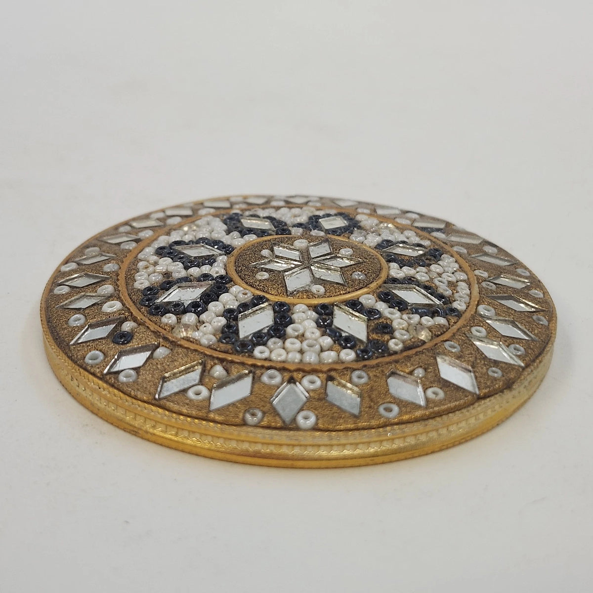 Gold Tone Round Pocket Mirror 2.75" Beaded Ornate Geometric Mosaic Star Design