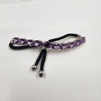 Silver Tone & Purple Crystal Glass Faceted Rhinestone Black Corded Bracelet 3.5"