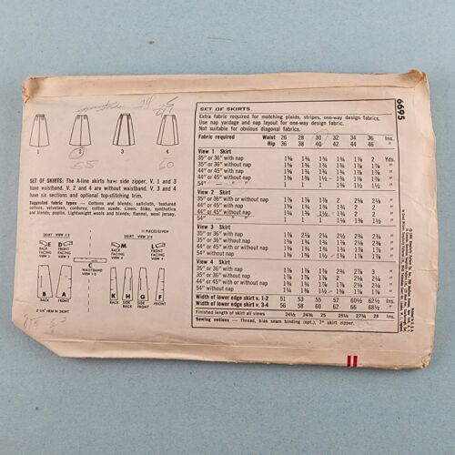 Simplicity 6695 Vintage Sewing Pattern 6695 A-Line Skirts Misses' 1966 Waist 30"