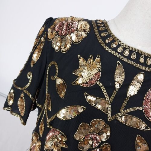 Steney Silk Top Gold Sequin Floral Leaf Short Sleeve Zipper Closure Sz L AS IS