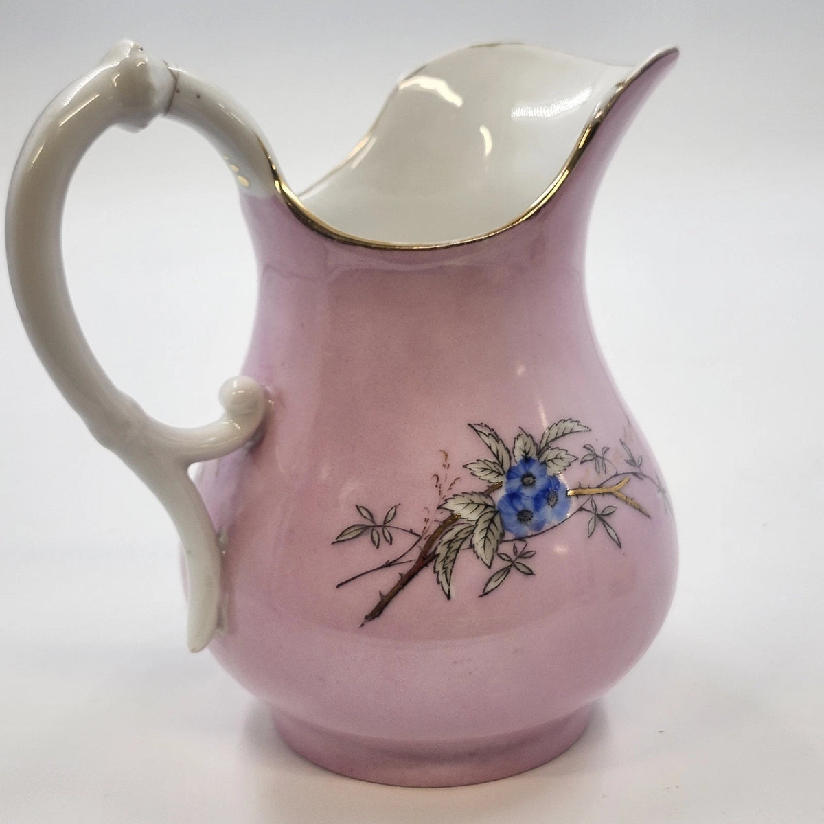 Pink Porcelain Creamer Pitcher Birds Nest Blue Flowers Gold Trim 6" Vintage