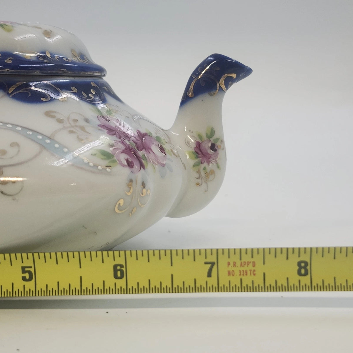 Hand Painted Porcelain Teapot 7.5"Pink Roses Cobalt Blue Gold Accents w Lid Vtg