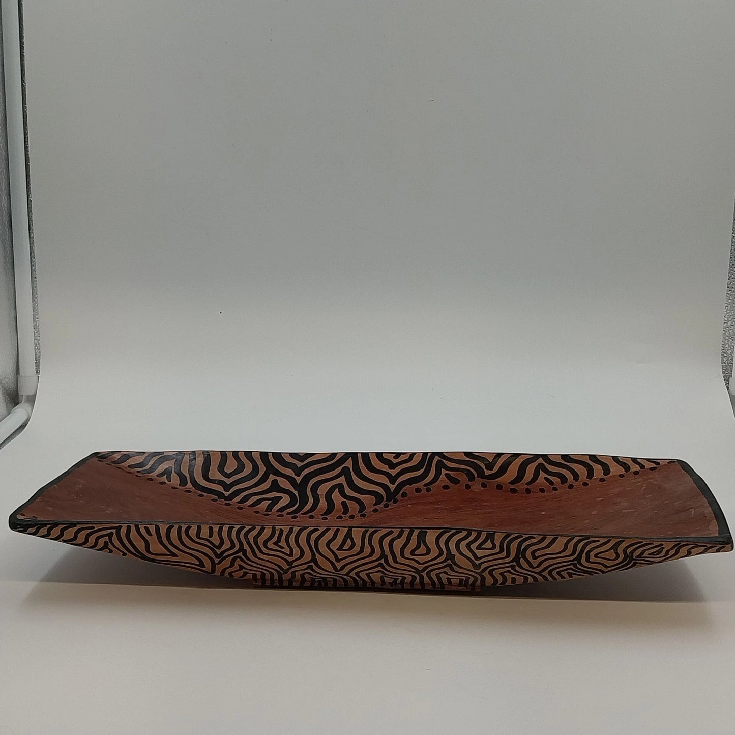 South African Hand Carved Wood Serving Bowl Tray Painted Zebra Pattern 15" x 6"