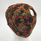 Handmade Crochet Messy Bun Beanie Hat Fall Colors Green Orange Brown Ponytail