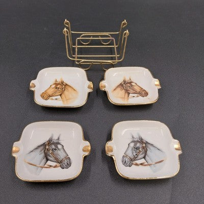 Set of 4 Art Line Ashtrays Horse Heads Gold Rimmed Ornamental Wire Holder Japan