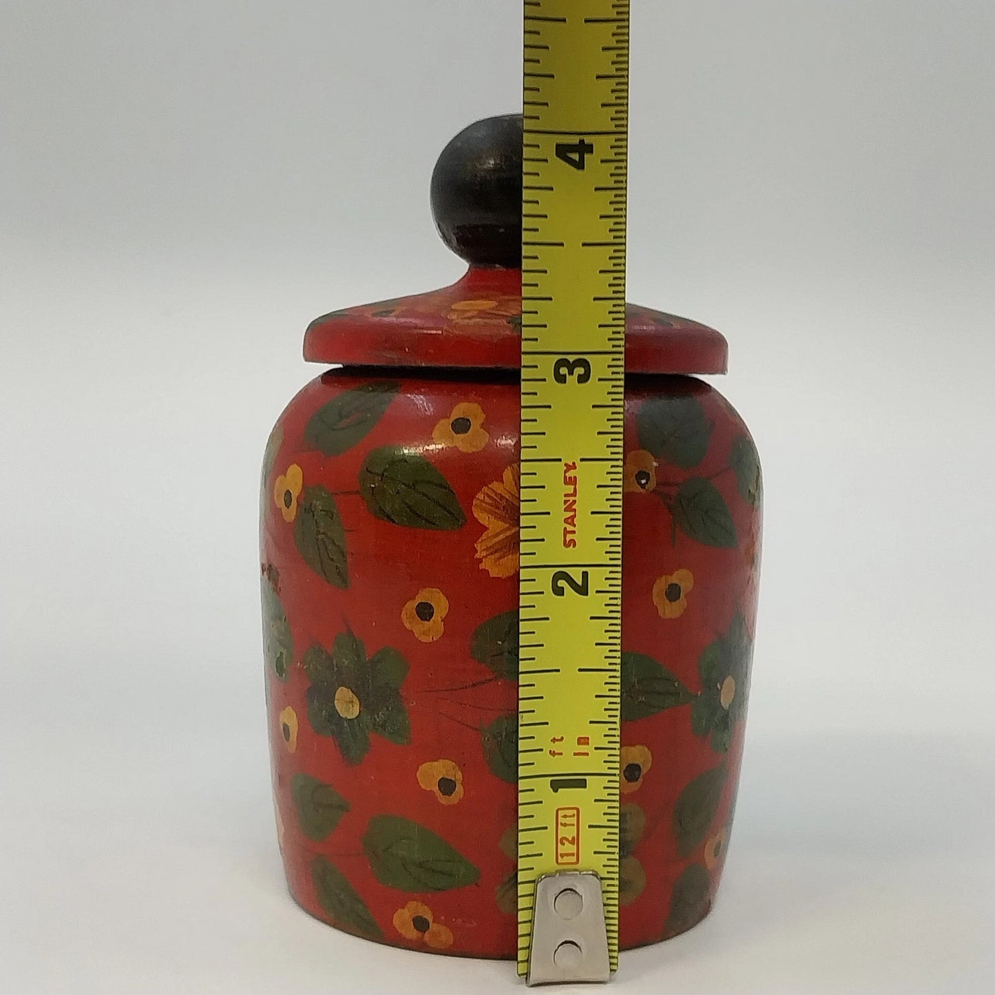 Pier 1 Hand Painted Wood Lidded Decorative Jar Red Floral India 4”