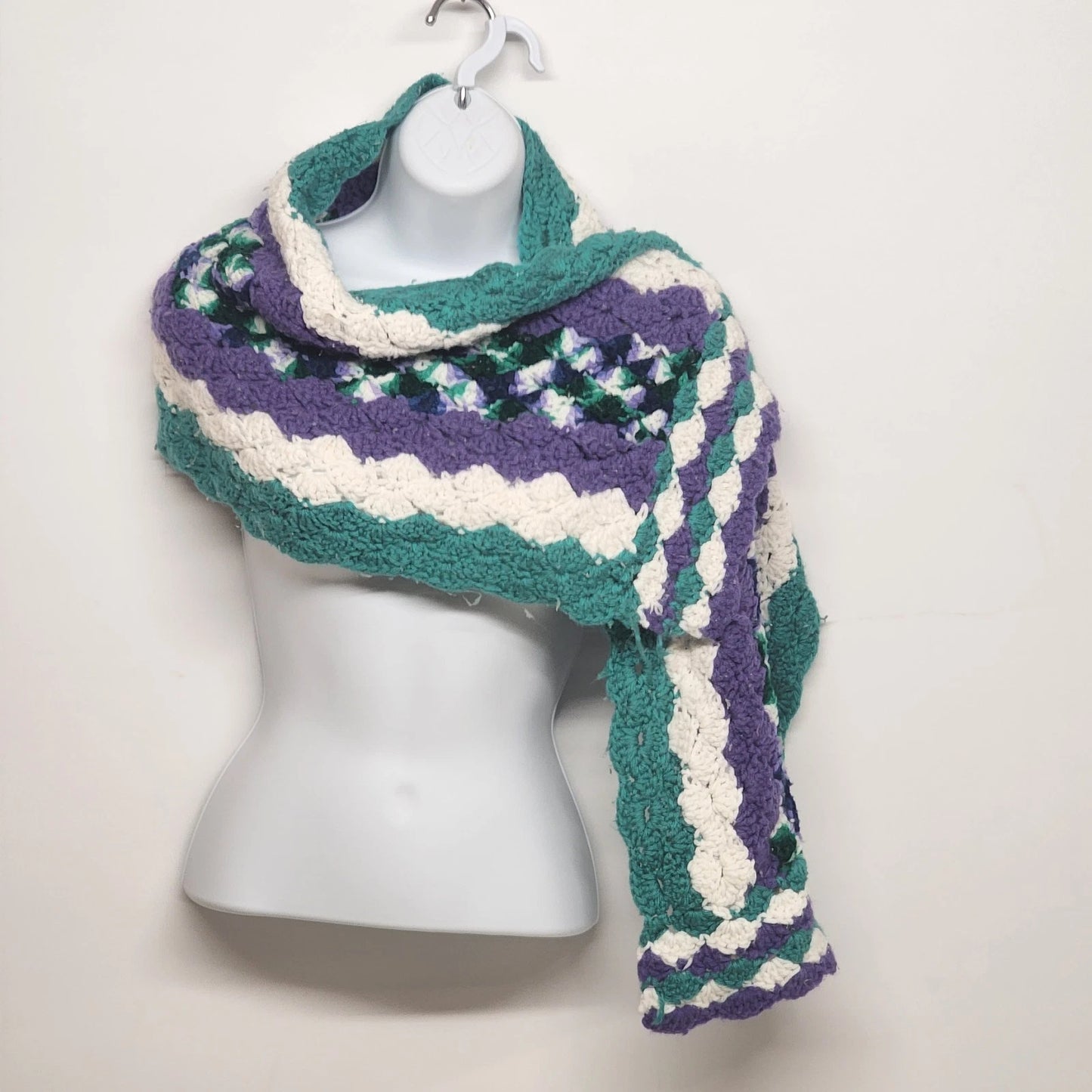 Hand Crochet Scarf Purple Aqua Wave Pattern Mermaid Vibes Shimmer Afghan Knit