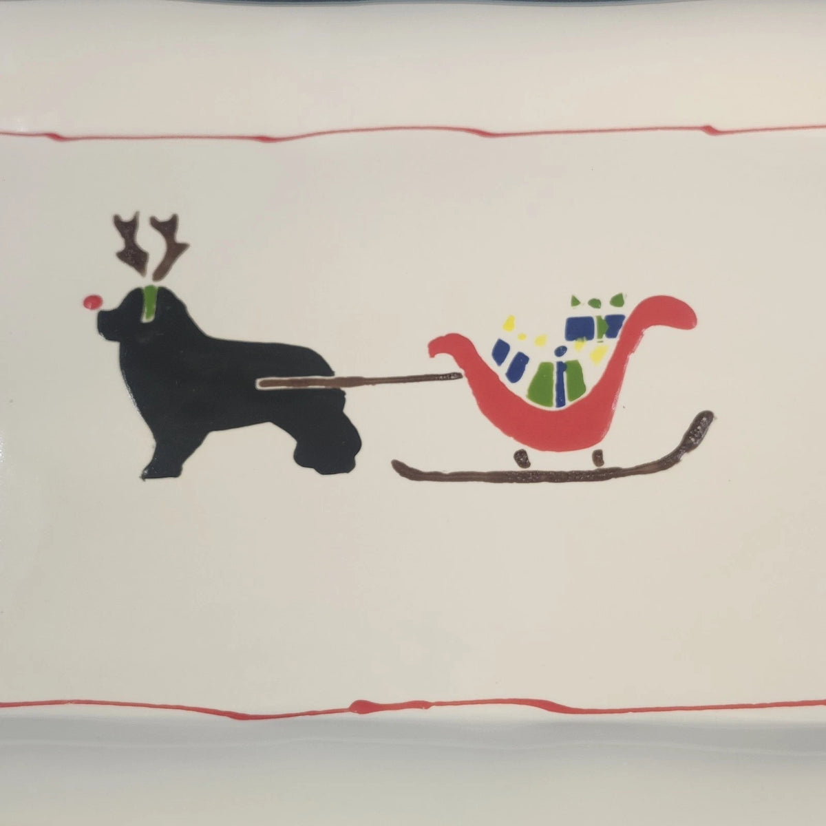 Prairie Dog Pottery Newfoundland Reindeer Sleigh Christmas Platter 14.5"