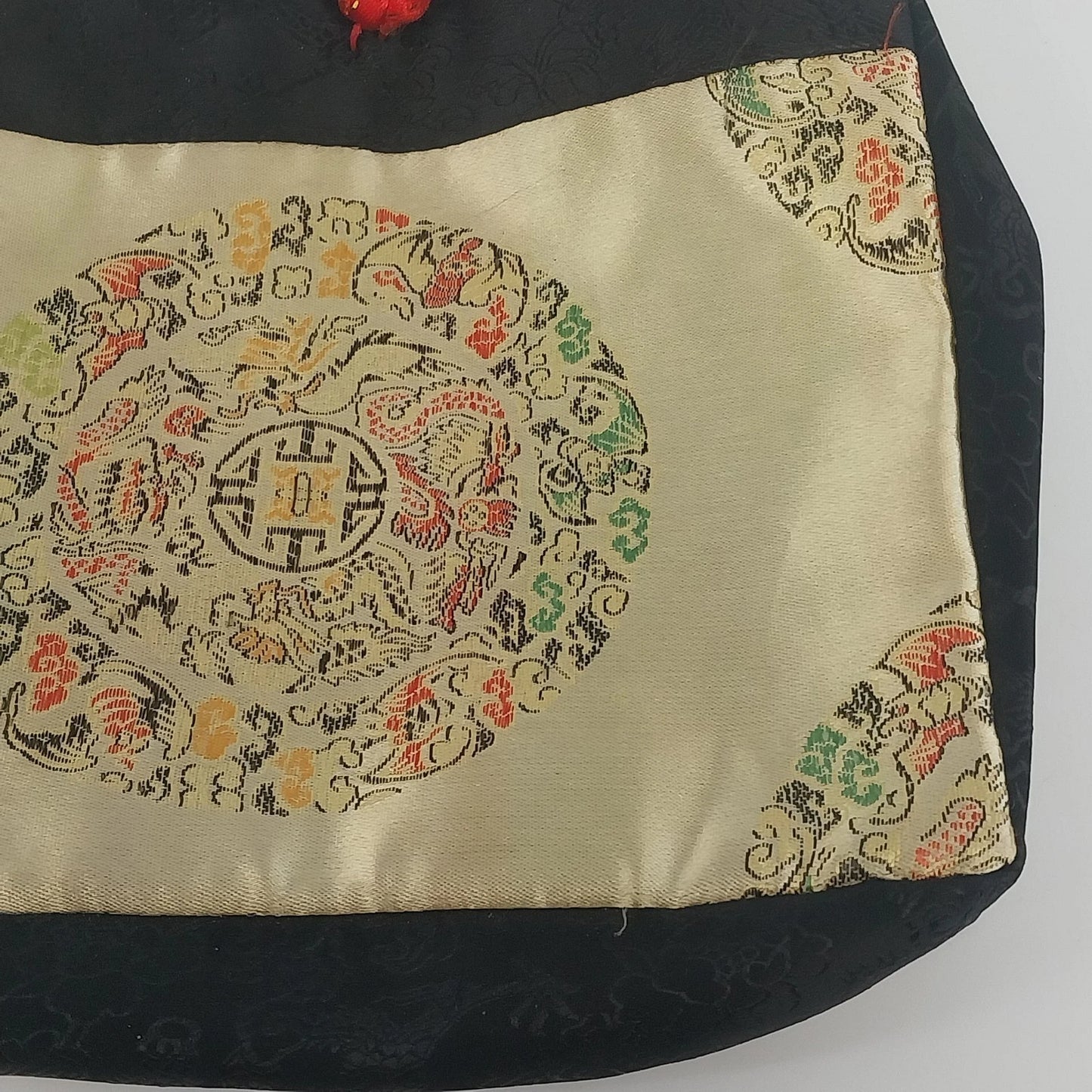 Asian Style Silk Brocade Tote Bag Black Gold Chinese Embroidered Shoulder Purse