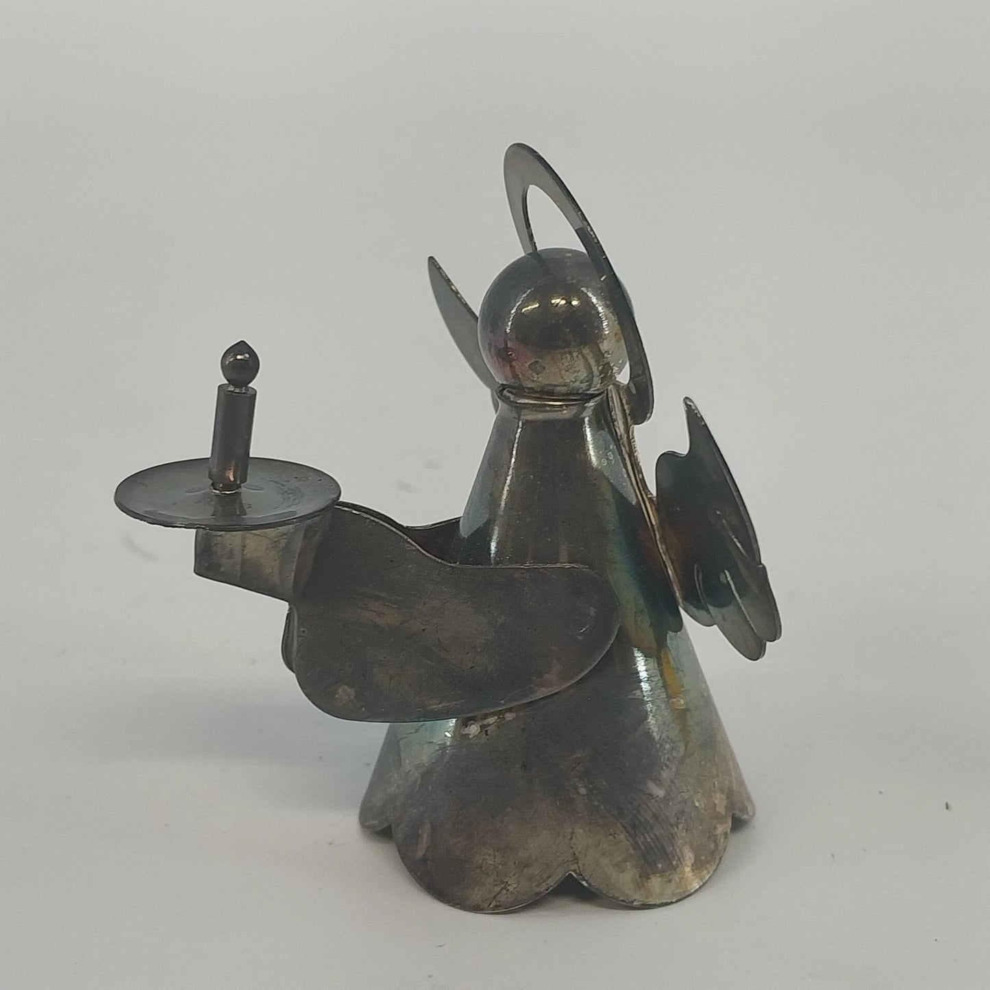 Silver Tone Metal Angel Candle Holder Halo Wings Figurine 2¼" Christmas Vintage