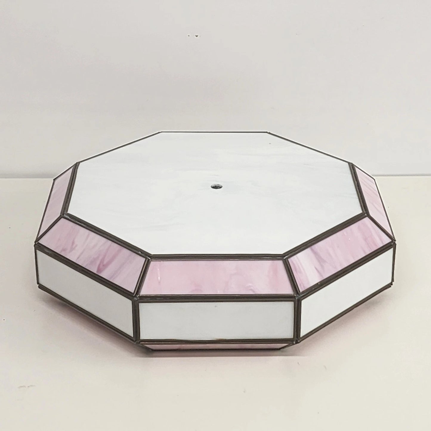 Octagon Leaded Stained Glass Ceiling Lamp Shade Pink White Slag Glass 13”x11"