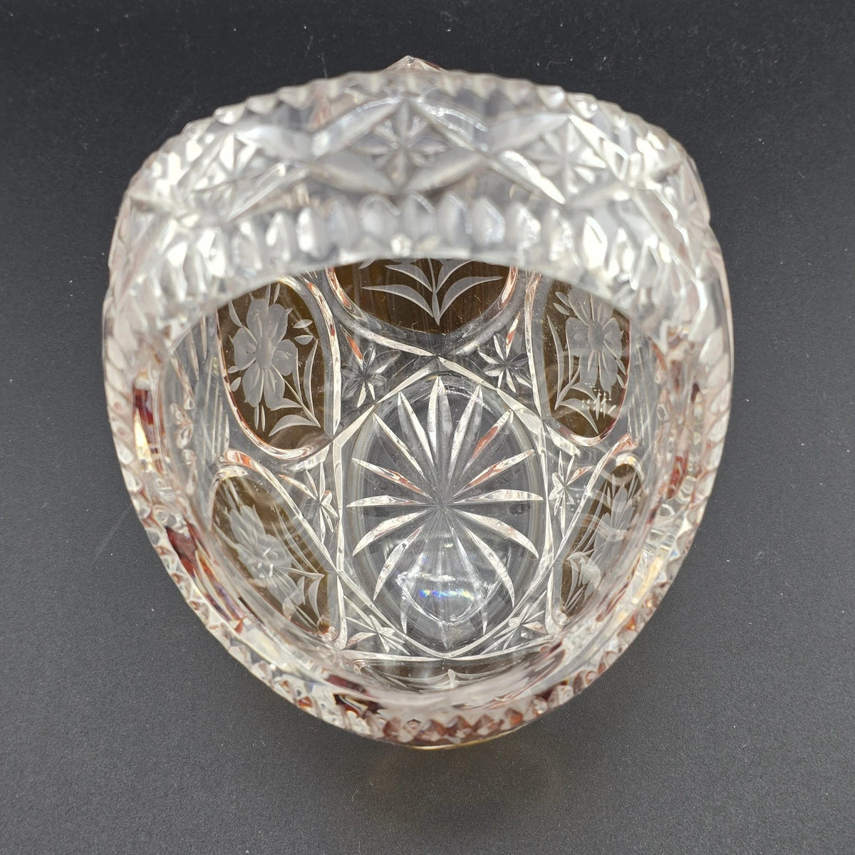 Cut Crystal Basket Amber Cut to Clear Etched Floral Handled 6" Vintage