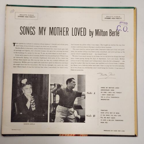 Songs My Mother Loved by Milton Berle LP 1957 USA Pop Novelty Roulette R-25018