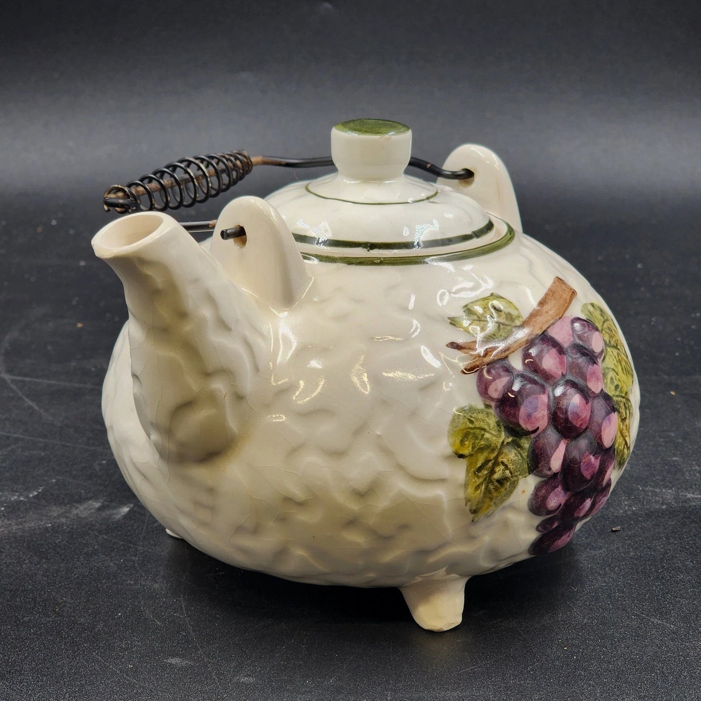 Embassy White Ceramic Teapot 36 Oz Footed with Grapevine Metal Handle 1963 Vtg