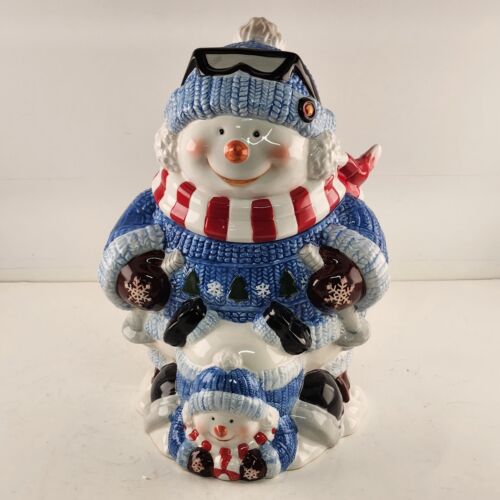 Snowman and Baby Snowman Ceramic Cookie Jar Fun in the Snow 11” Tall China