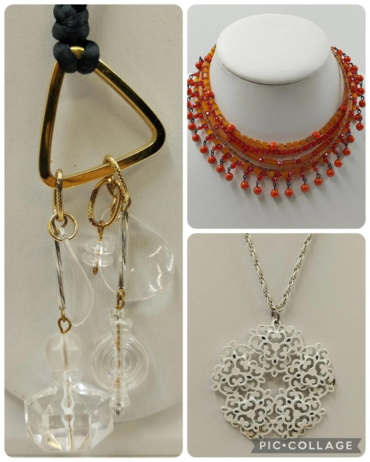 3 Necklaces Rope Chain Enamel Pendant Beaded & Satin Cord Mix Vintage Orange