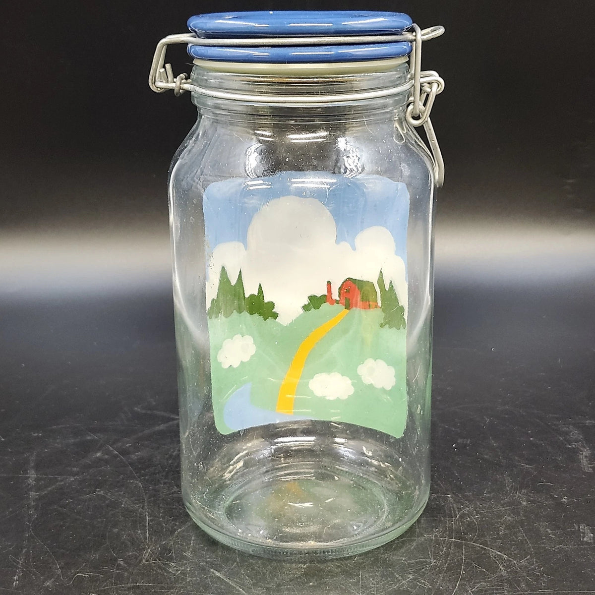 Anchor Hocking Nina Farm Scene Sheep Glass Canister Blue Lid 1982 Vintage