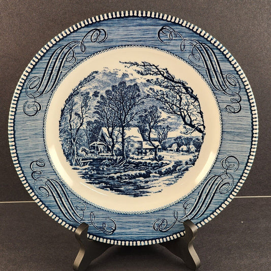 Currier and Ives Blue 10" Dinner Plate by Royal The Old Grist Mill Image USA