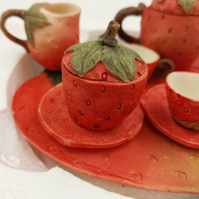 Wong's Polyresin Miniature Tea Set Strawberry Teacups & Teapot Collectible 5"