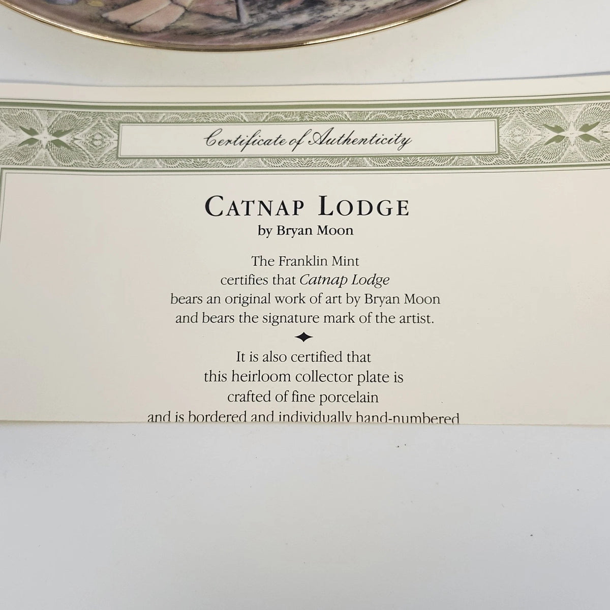 Franklin Mint Catnap Lodge Bryan Moon Fine Porcelain Plate Limited Edition COA
