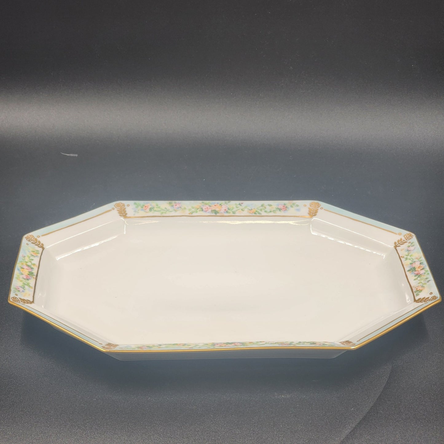 Tirschenreuth Bavaria Octagon Serve Platter Blue Border Enamel Flowers Gold Trim