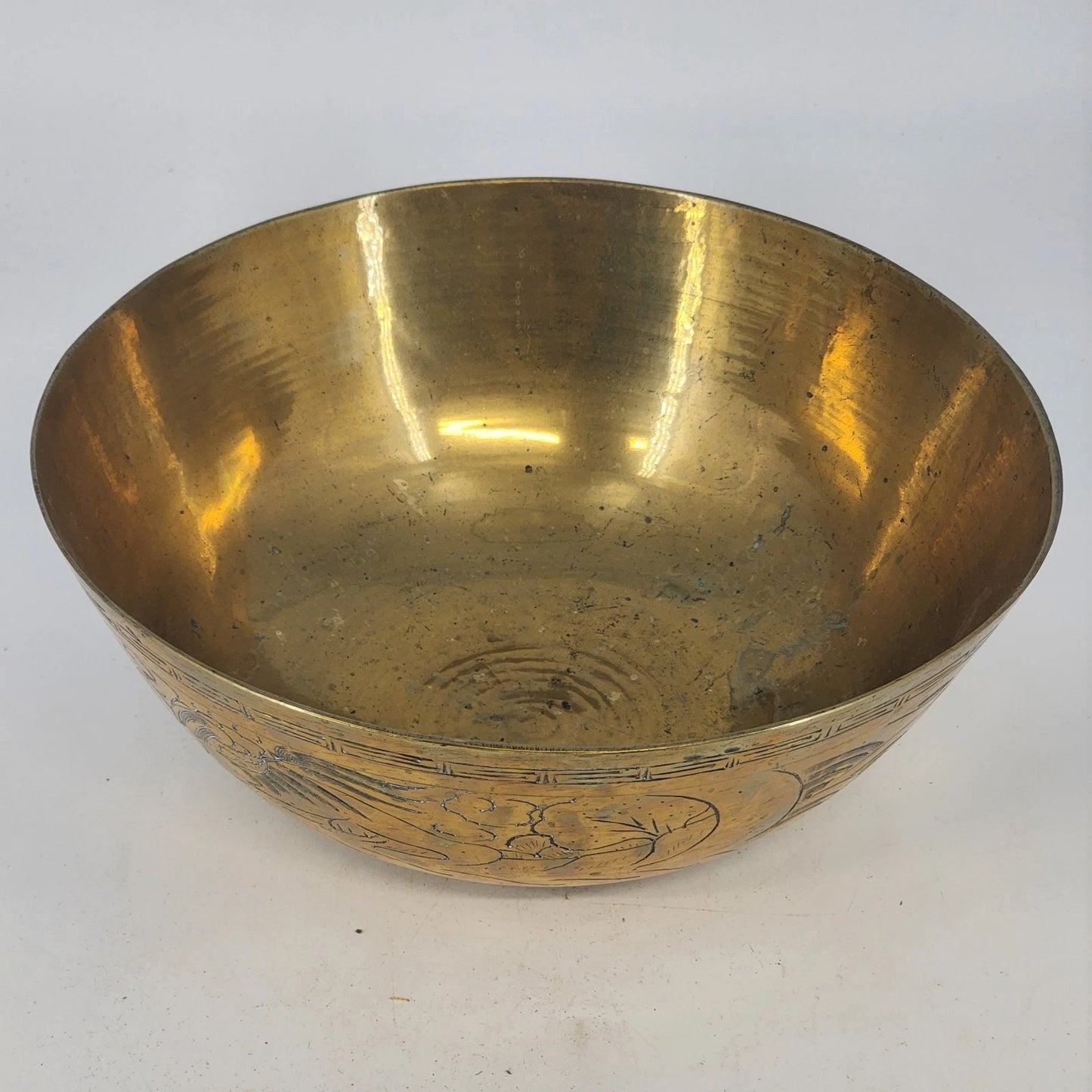 Chinese Solid Brass Engraved Bowl Dragon Phoenix Design 10"x4" MCM Vintage