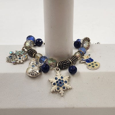 Kenneth Cole Silver Tone Blue White Snowman Christmas Winter Charm Bracelet