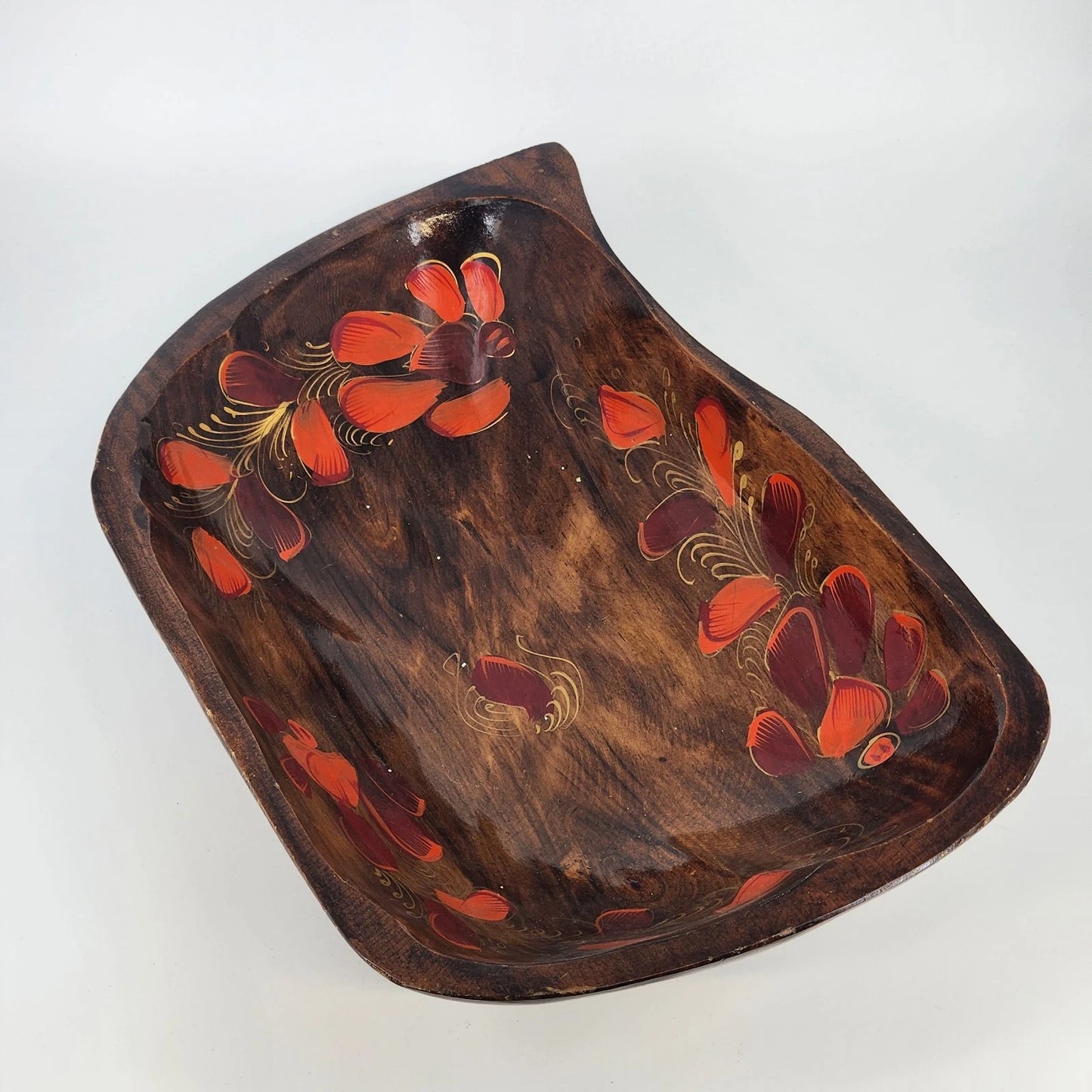 Hand Carved Wood Bowl Floral Lacquered 16" Large Organic Centerpiece 1980's Vtg