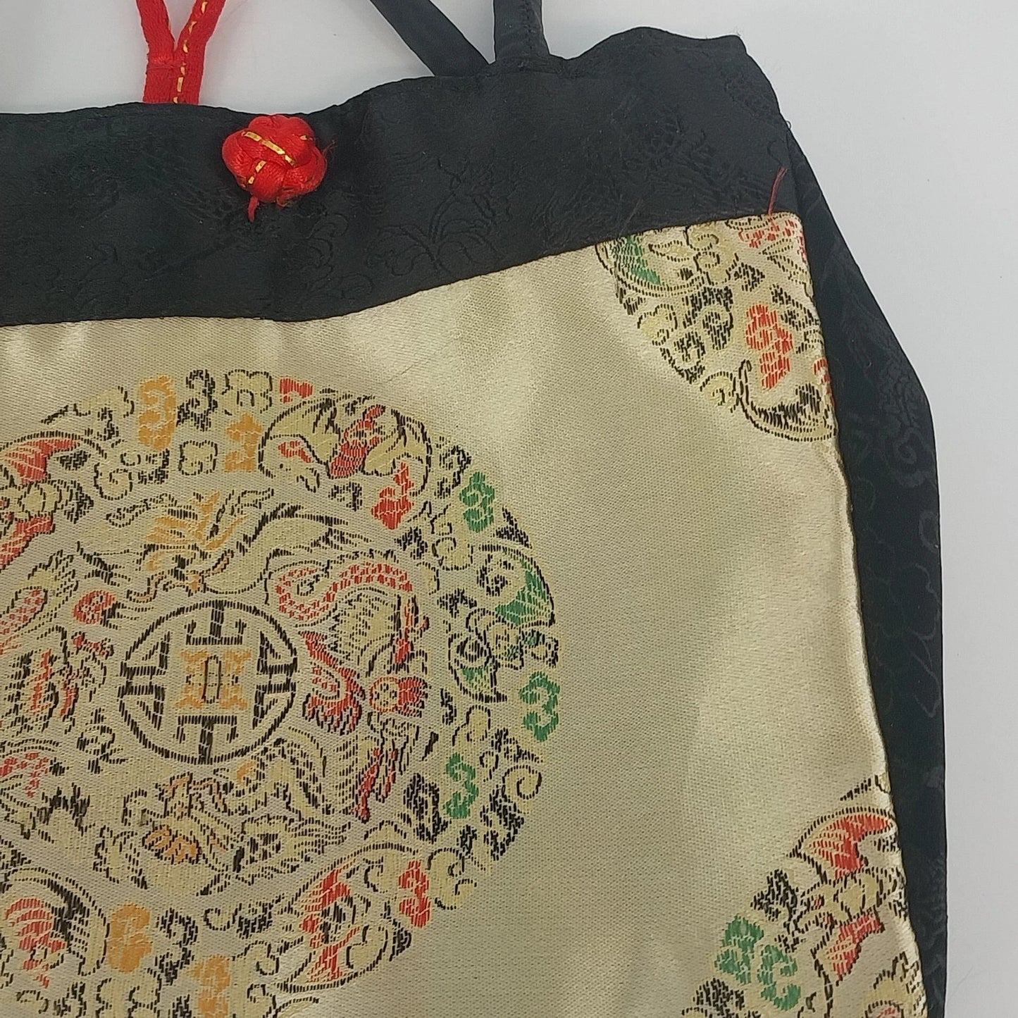 Asian Style Silk Brocade Tote Bag Black Gold Chinese Embroidered Shoulder Purse