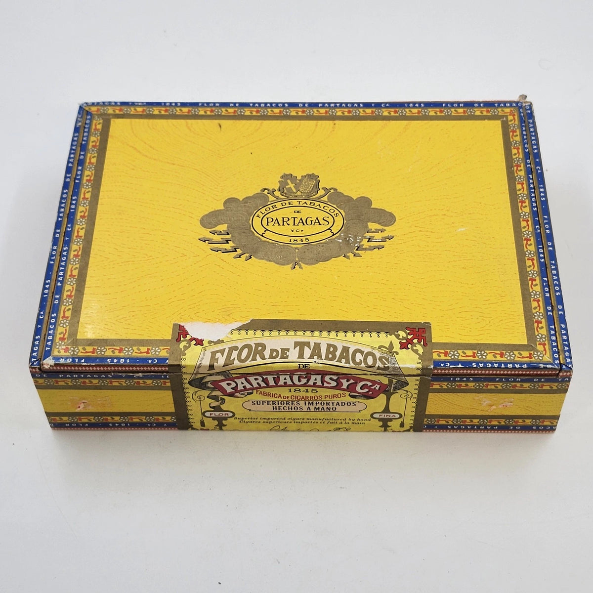 Vintage Partagas Flor de Tabacos 1845 wooden cigar box with colorful labels