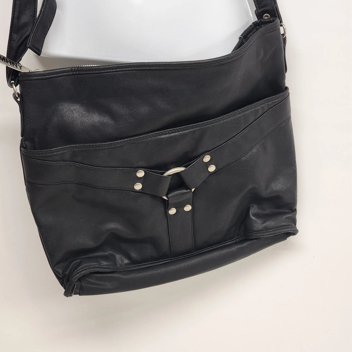 MHNY Black Leather Crossbody Satchel Three Compartment Purse