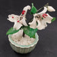 Chinese Glass Bonsai Tree in Celadon Pot 4" White Flowers Leaves & Red Berries
