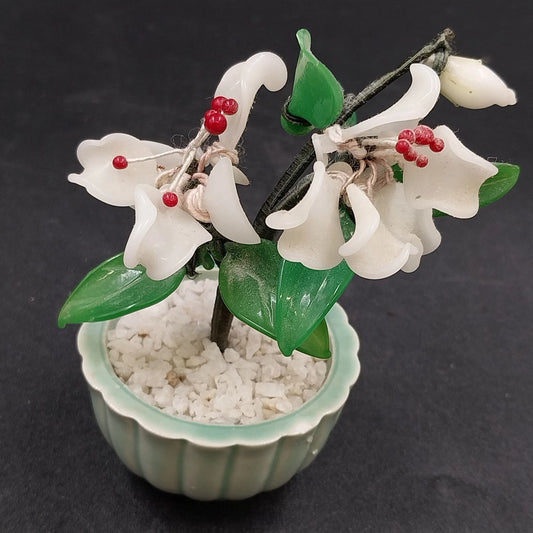 Chinese Glass Bonsai Tree in Celadon Pot 4" White Flowers Leaves & Red Berries