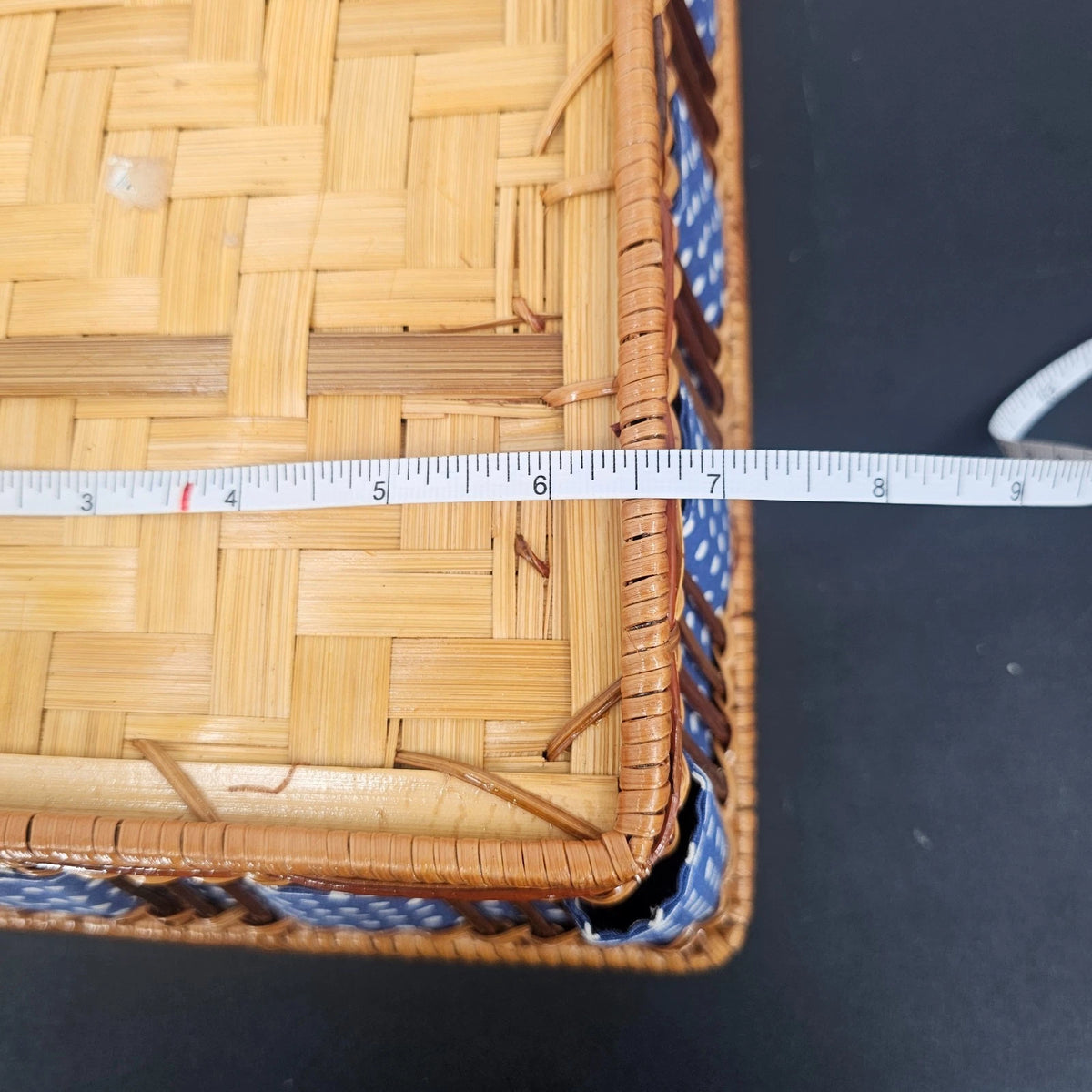 Wicker Wooden Basket Goose Liner Blue Polka Dot Country Kitchen Storage 12"