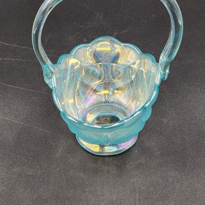 LE Smith Aqua Blue Stippled Glass Basket 6"w x 8.5" Applied Loose Handle AS IS
