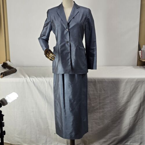 Blue 3 Piece Silk Suit Women's Size 4 Rena Rowan 2 Button Top Slacks Long Skirt