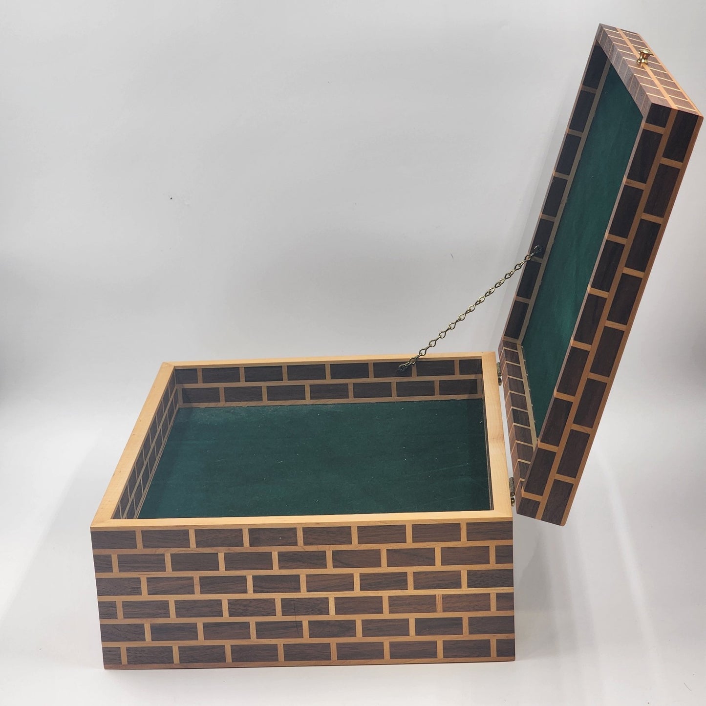 Thuya Moroccan Wood Large Jewelry Box – Handmade 17” Brick Design with Starburst Inlay Lid – Green Felt Lined – Artisan Keepsake Storage Chest