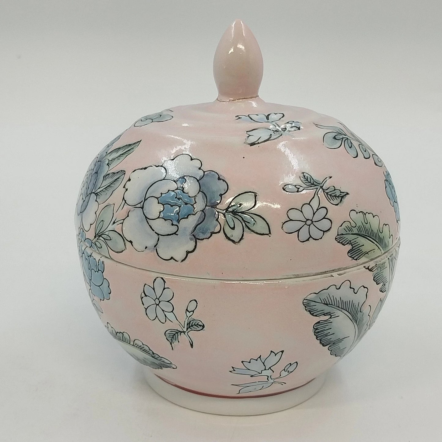 Chinese Hand Painted Porcelain Covered Bowl Pink Blue Floral Ginger Pot Jar Vtg