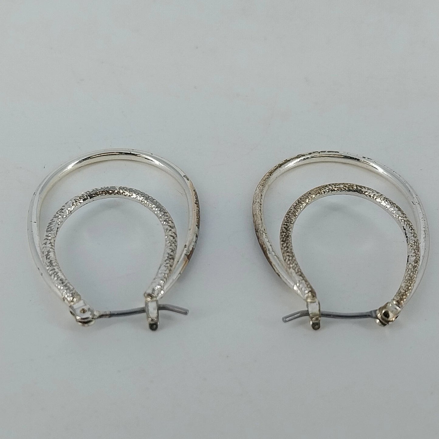 Silver Tone Double Oval Hoop Earrings Textured Inner Hoop Latch Back Jewelry