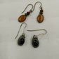2 Dangle Earrings Silver Onyx Lever & Bronze Amber Bead Hook Set Vintage