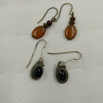 2 Dangle Earrings Silver Onyx Lever & Bronze Amber Bead Hook Set Vintage
