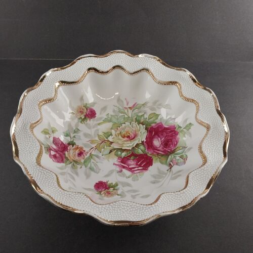 Vintage German Porcelain Serving Bowl – Red & White Rose Floral Design – Scalloped Nipple Rim with Dual Gold Bands – 10.75" Decorative Dish