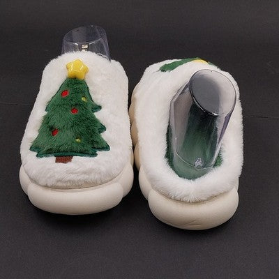 Christmas Tree Flat Thermal Plush Slippers White Faux Fur Green Insole Size 9-10