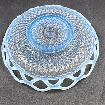 Imperial Katy Blue Bowl Opalescent Diamond Lace Edge Depression Glass 8"